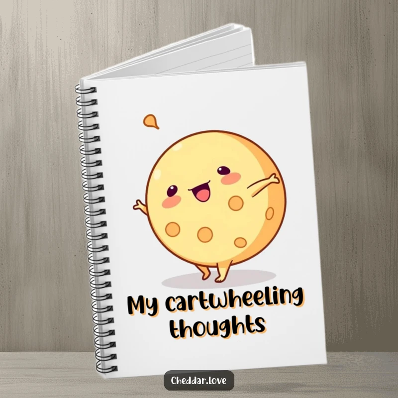 Funny notebook: A round of cheese does a cartwheel, a charming companion for notes.