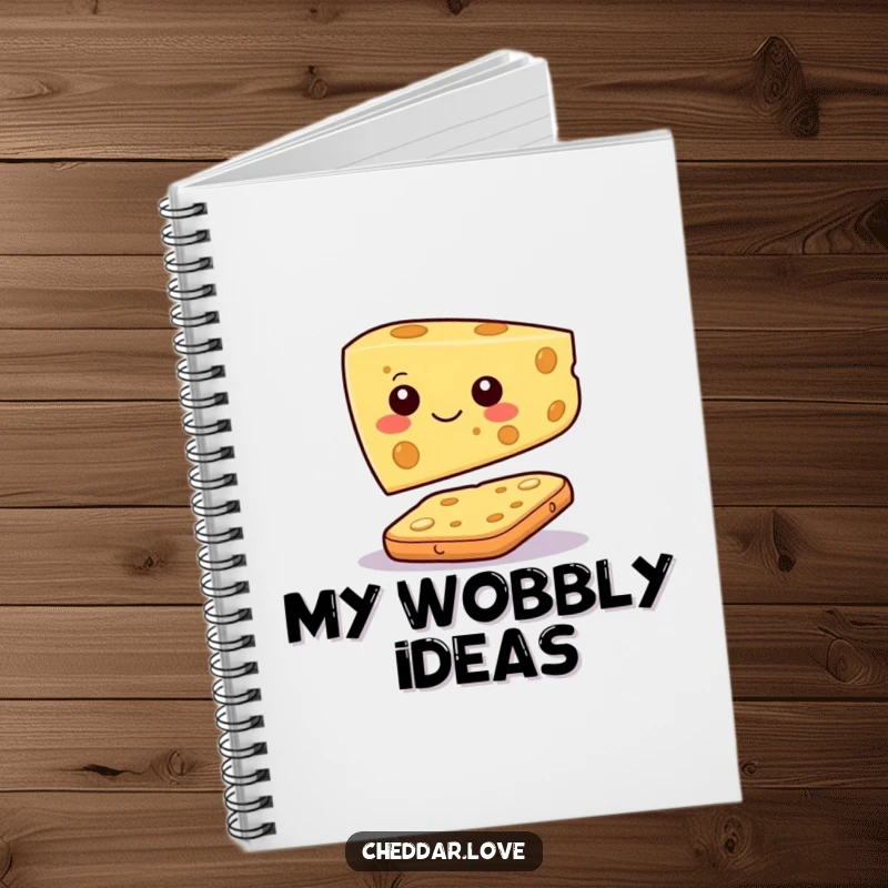 Funny notebook featuring a happy cheese slice character balancing precariously on a cracker, ideal for jotting down tasty thoughts.