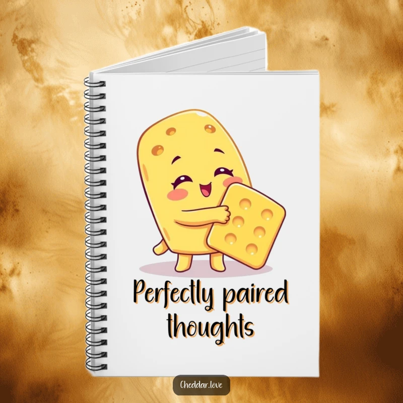 Funny Notebook cover featuring a cheese character giving a big hug to a cracker, ideal for sweet notes.