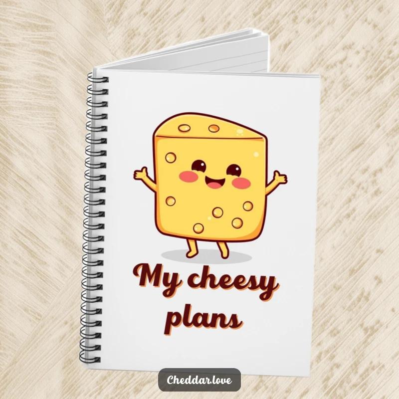 Funny smiling wedge of cheddar cheese doing a happy dance, a humorous notebook for cheerful writing.