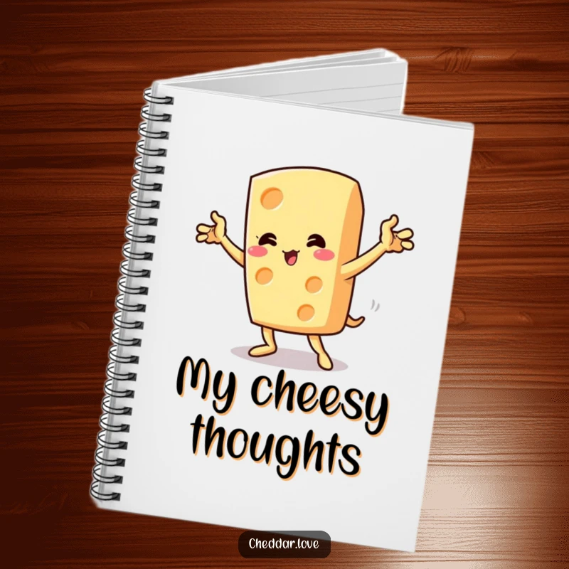 Funny cheese wedge in a dramatic pose with flourish, a notebook for creative and comedic notes.