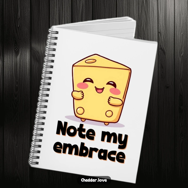 Funny notebook with a smiling wedge of cheese offering a hug, perfect for journaling and capturing warm thoughts.