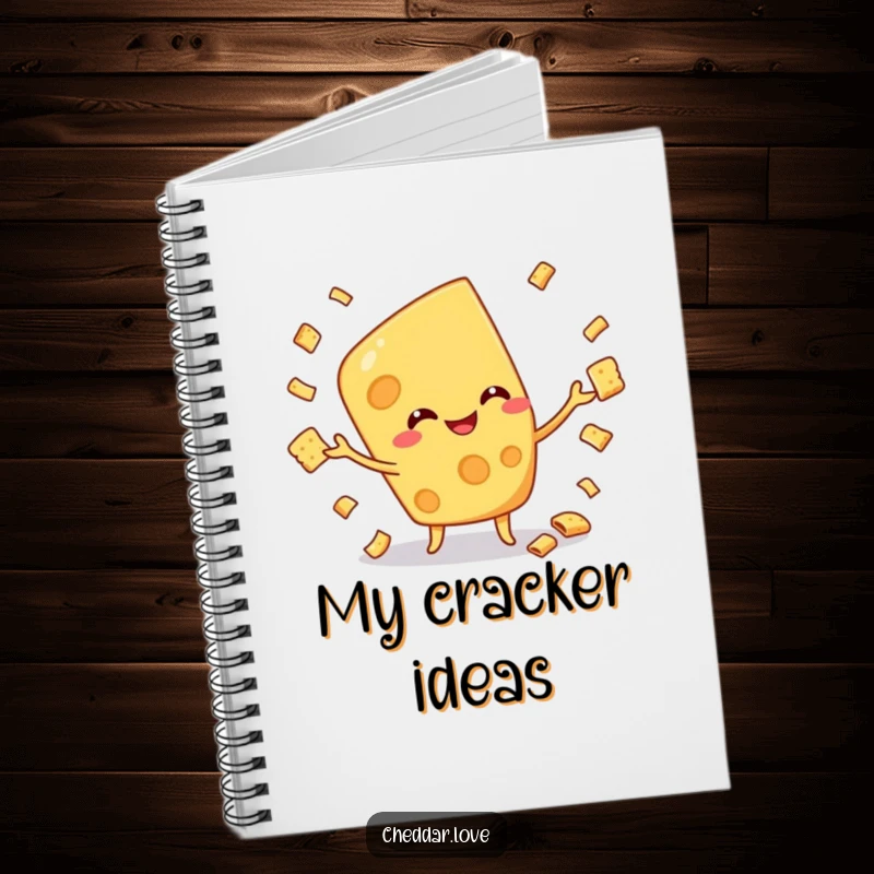 Funny notebook with a cheese character juggling crackers, inspiring creativity and adding a touch of lighthearted fun to note-taking.