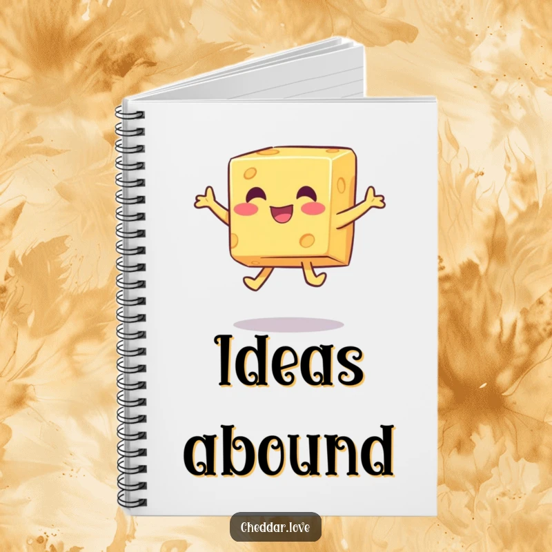 Funny happy cheese cube performing a playful jump, a notebook for energetic and funny notes.