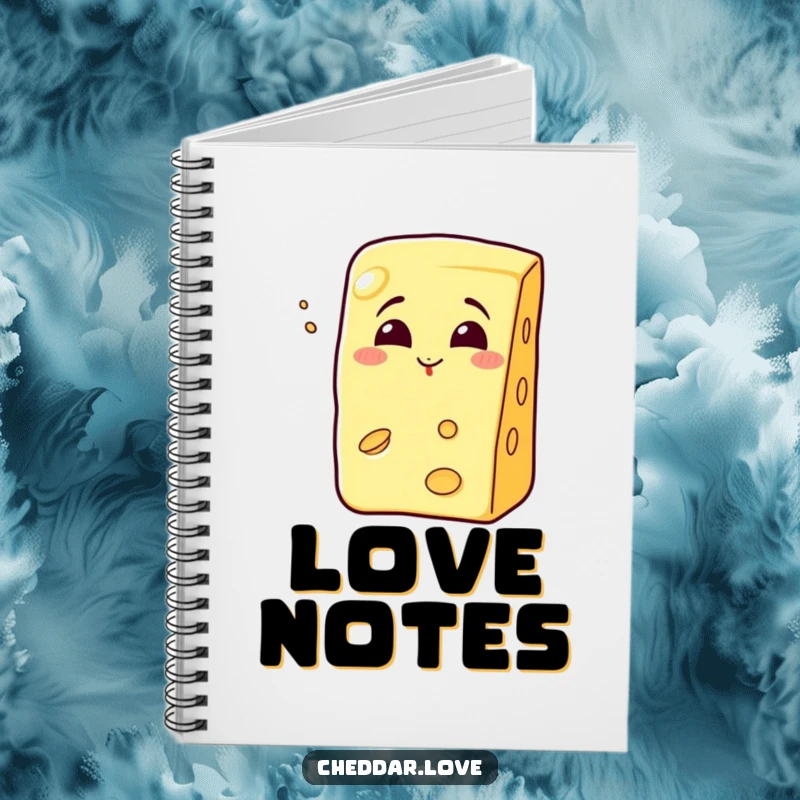 Funny grinning cheese wedge blowing a kiss, a notebook for sweet and funny notes.
