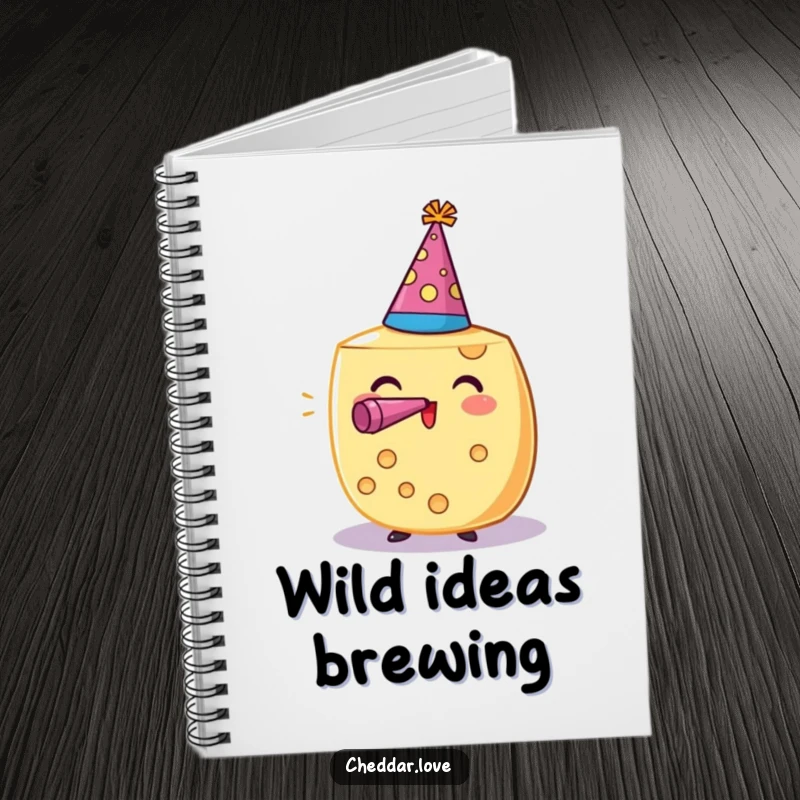 Funny notebook with a festive cheese wheel, party hat, and noisemaker, encouraging party planning. An ideal funny gift.