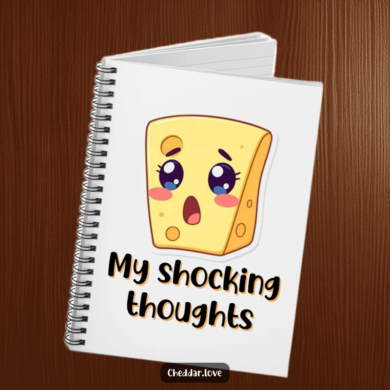 Funny notebook with a wide-eyed, open-mouthed cheese slice in a state of surprise. An ideal funny gift.