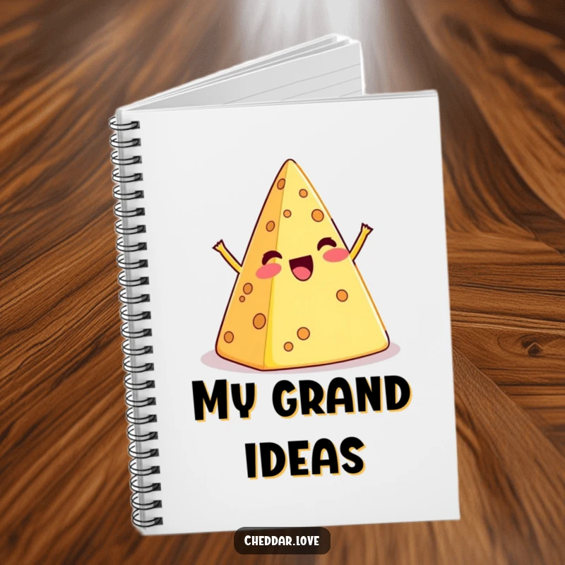 Funny notebook with a cartoon cheese pyramid in a comical, exaggerated wobble, perfect for note-taking.