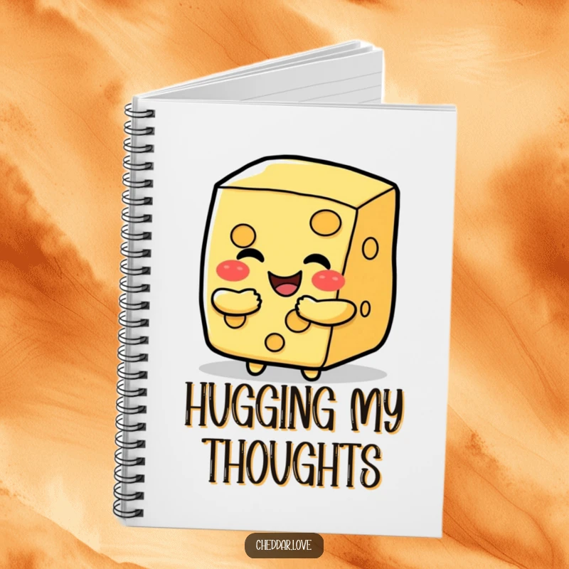 Funny happy cheese slice character offering a cheesy hug, a humorous and inspiring notebook.