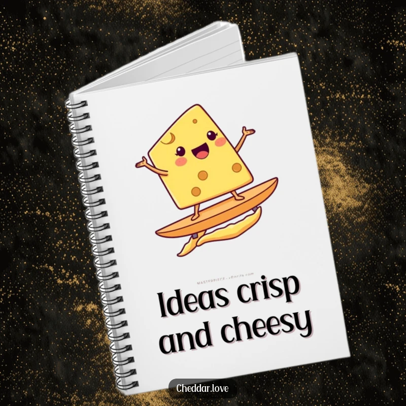 Funny notebook cover showing a cheese wedge enthusiastically surfing a potato chip, ready for notes and doodles.