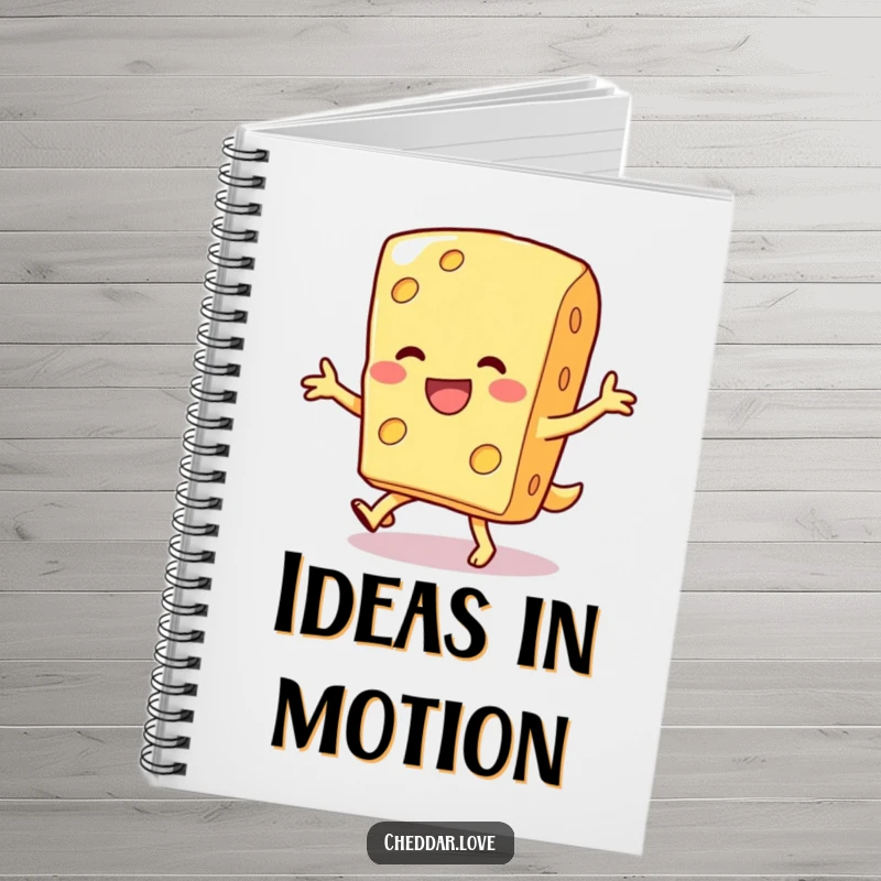 Funny notebook cover featuring a smiling cheese slice doing a silly dance, inspiring creativity and joy.