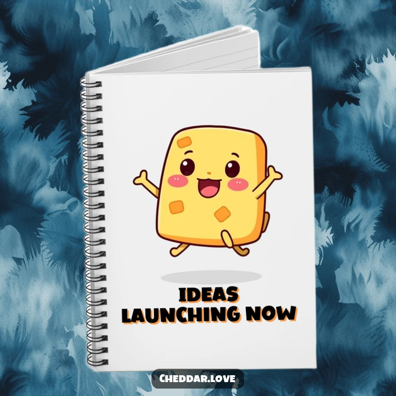 Funny Notebook cover featuring a piece of cheese with legs jumping enthusiastically, perfect for capturing ideas.