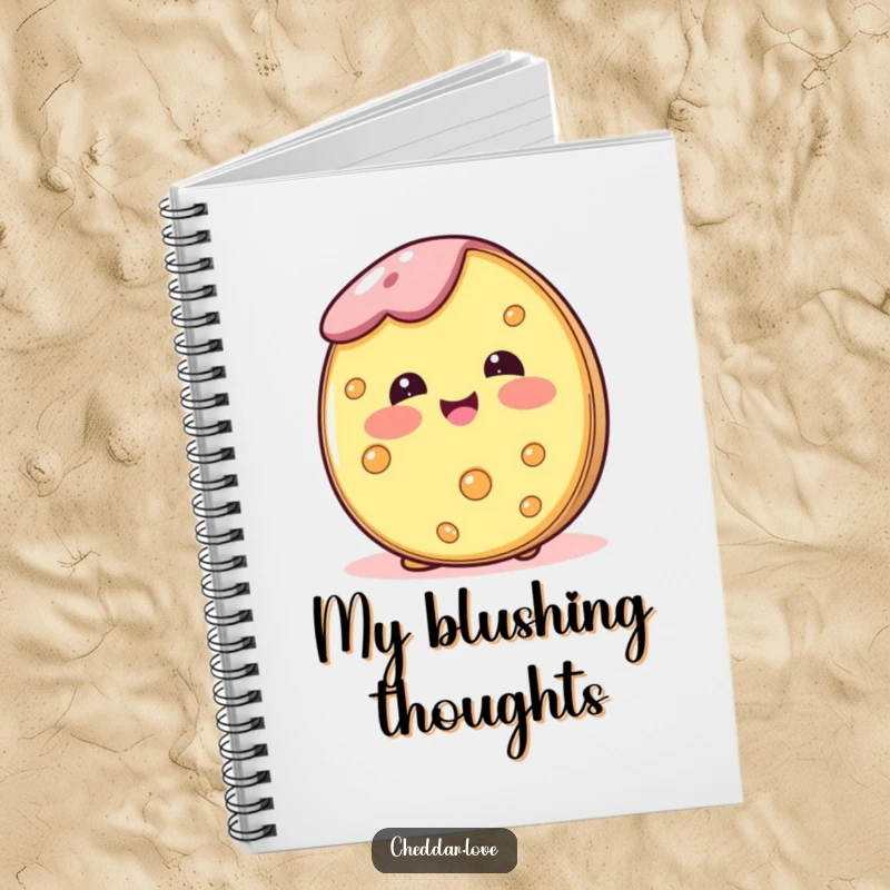 Funny notebook with a blushing cheese wheel, great for jotting down happy thoughts and sweet ideas.