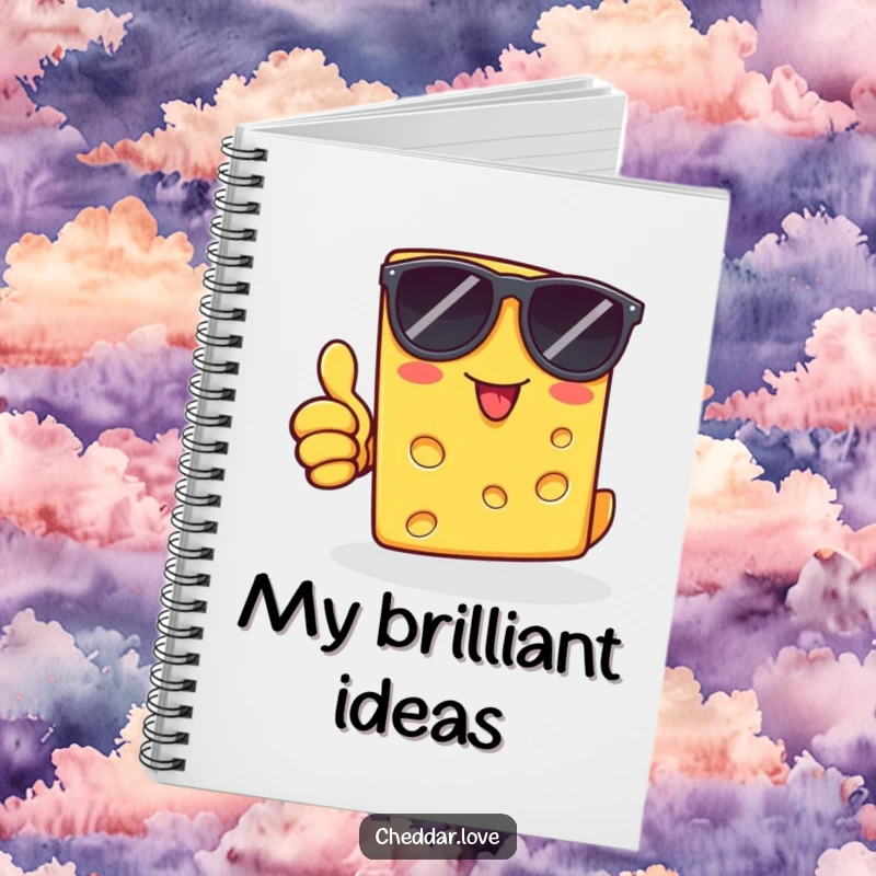 Funny cheddar cheese slice in sunglasses, giving a thumbs-up, on a notebook, for jotting down cool and funny thoughts.