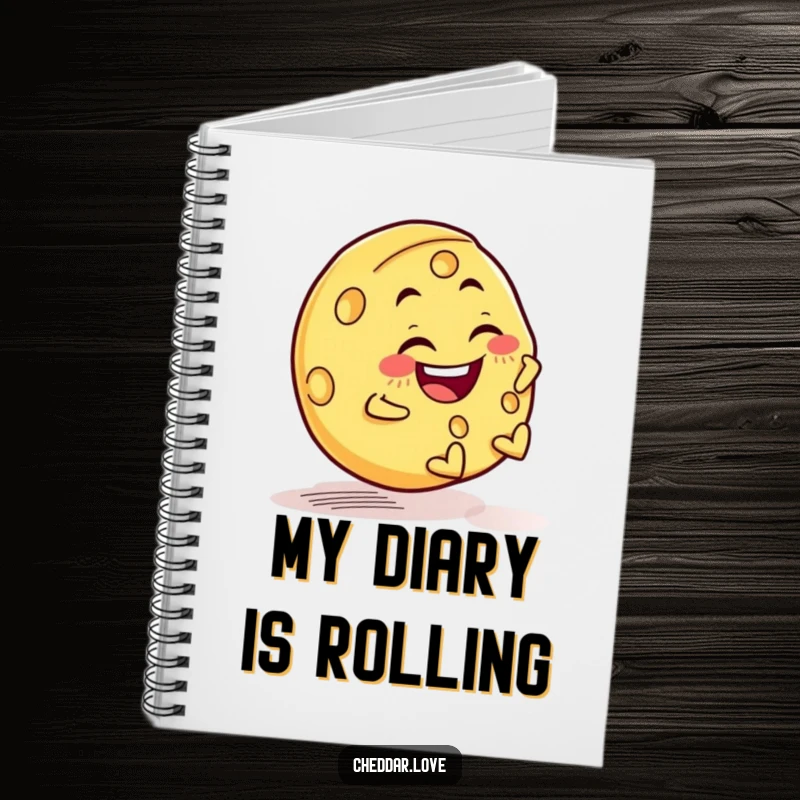 Funny notebook cover with a joyful cheese wheel rolling downhill with a mischievous grin, ready for notes.