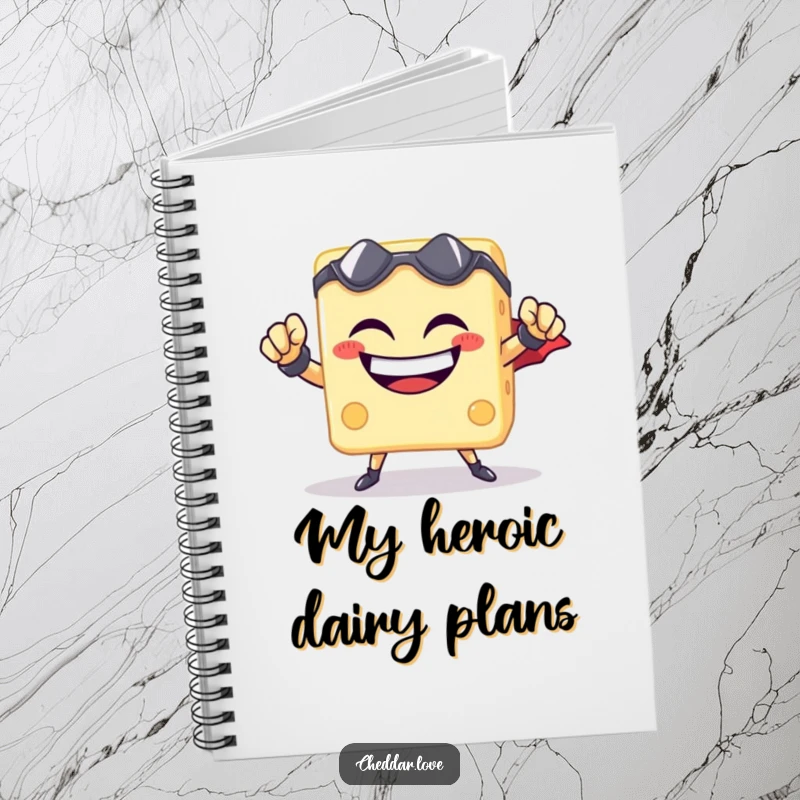 Funny cheese cube superhero notebook, smiling heroically, perfect for jotting down epic plans and cheesy thoughts.