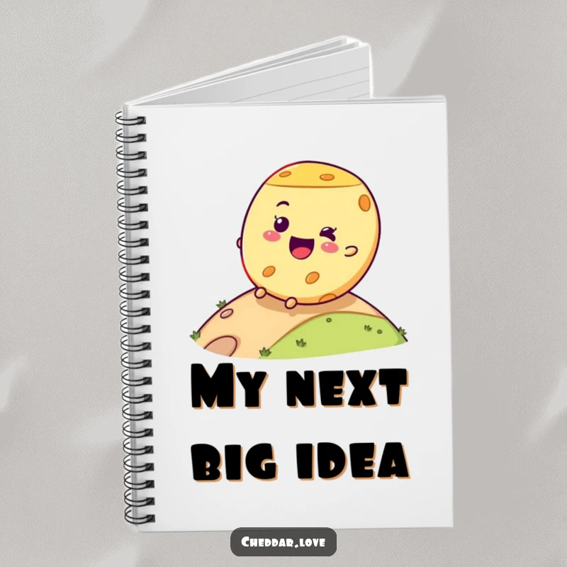 Funny cheese wheel notebook with a joyful rolling expression, ideal for jotting down notes with a humorous, cheesy twist.