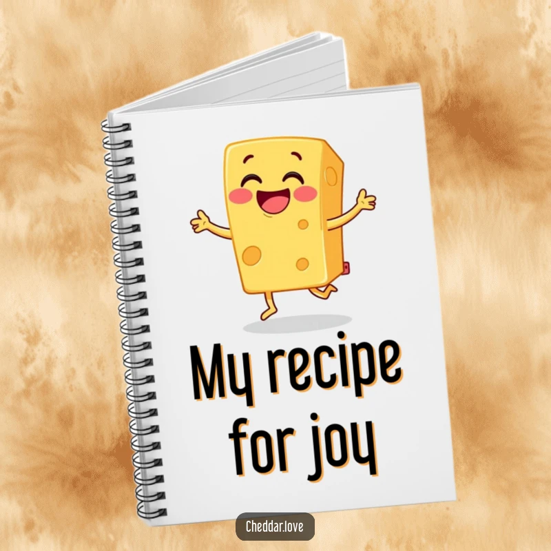Funny cheddar cheese notebook, a block of grinning cheese doing a joyful jig, perfect for jotting ideas and recipes.