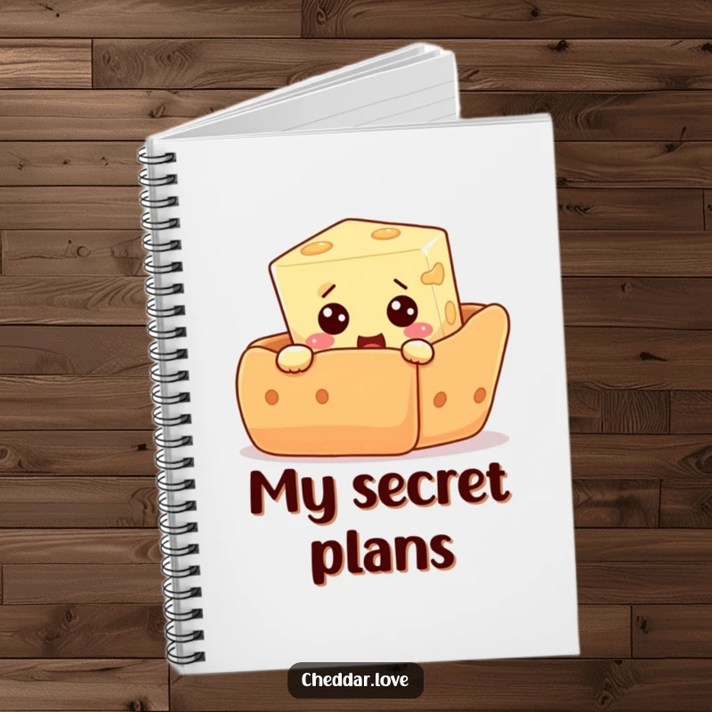 Funny notebook featuring a curious cheese cube peeking from behind a giant cracker, expressing comical surprise and a love for snacks.