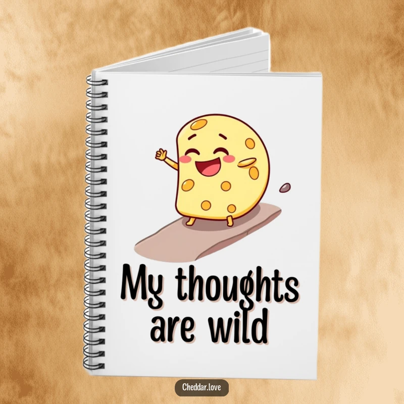 Funny Notebook: A cheese wheel with a mischievous grin rolls downhill, perfect for jotting down notes and grand plans.