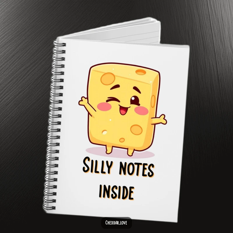 Funny notebook with a block of cheese winking playfully and posing sillily, perfect for jotting down notes with humor.