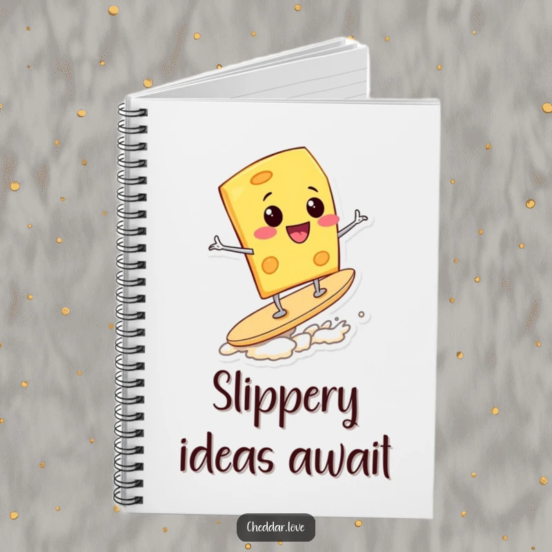 Funny Notebook: A smiling cheese wedge is shown surfing on a potato chip, perfect for capturing notes and ideas.