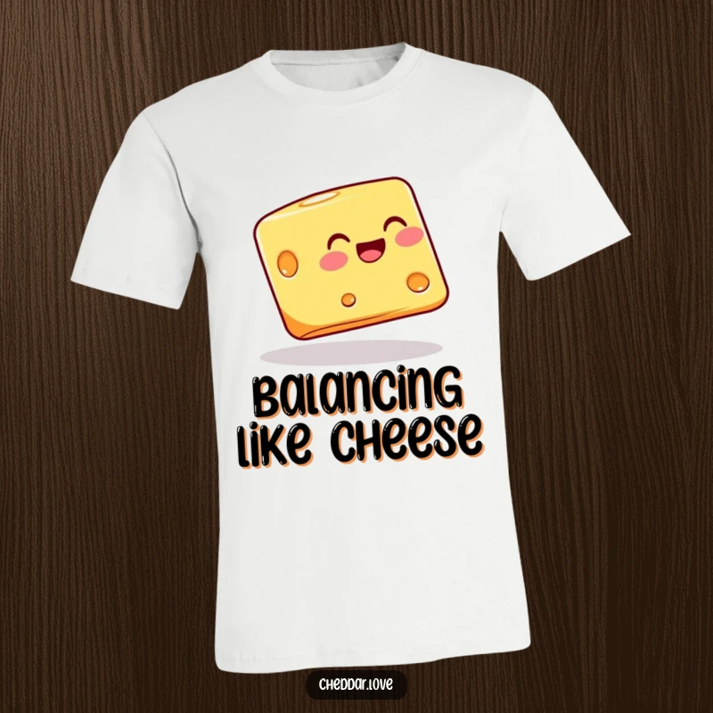 Funny cheese block in a joyful balancing act on its corner, shown on a t-shirt, radiating silliness and charm.
