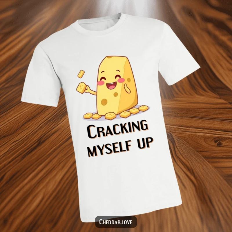 Funny cheese wedge grinning and juggling tiny crackers, on a t-shirt, showcasing playful snack-time humor.