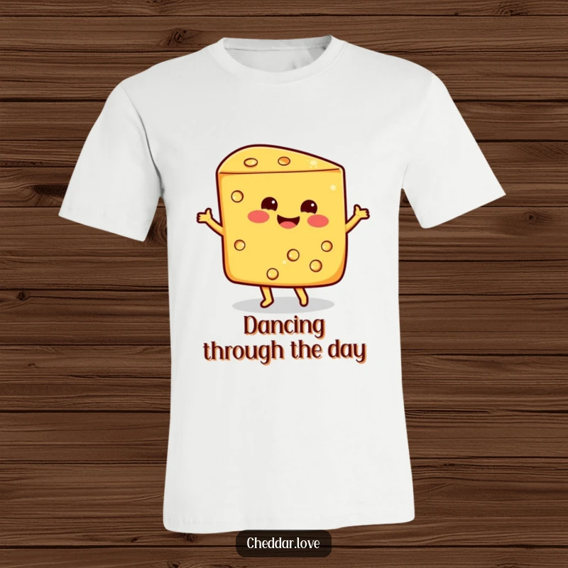 Funny smiling wedge of cheddar cheese doing a happy dance, printed on a comfortable and humorous t-shirt.