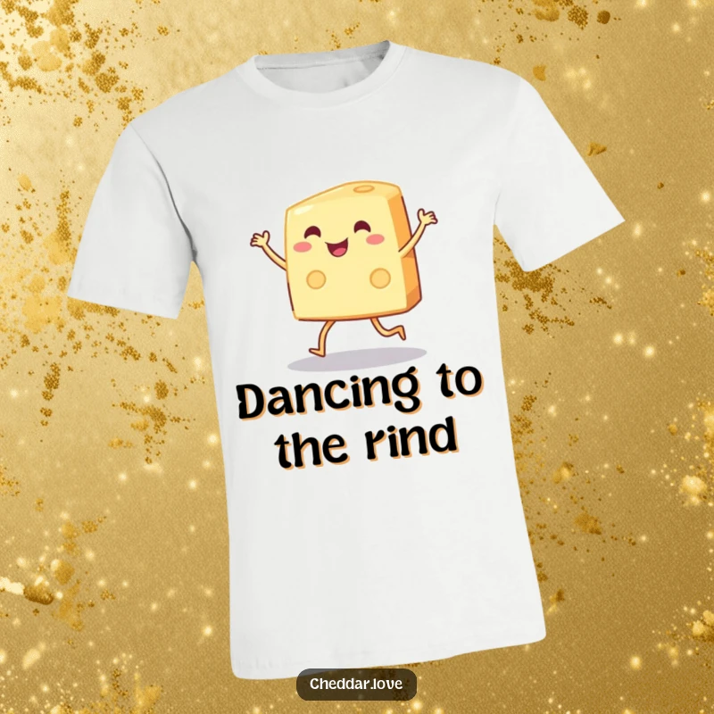 Funny wedge of cheese with little legs dancing joyfully on a hilarious t-shirt, funny gift.