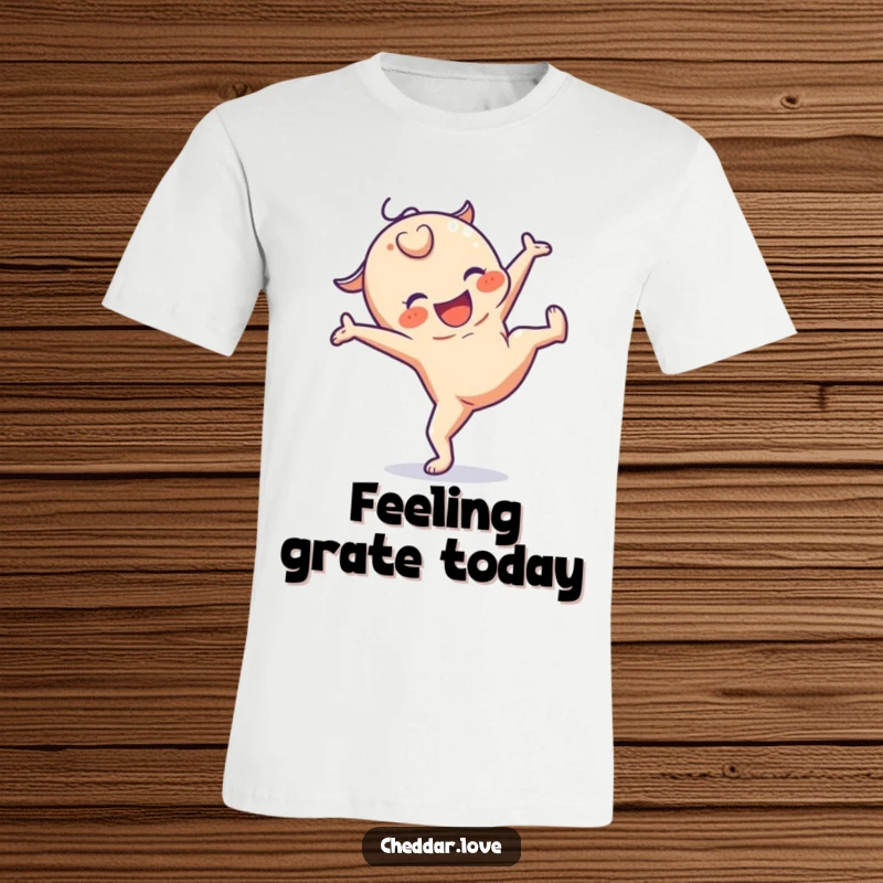 Funny T-shirt featuring a delighted cheese character mid-cartwheel, radiating happiness and cheesy energy.