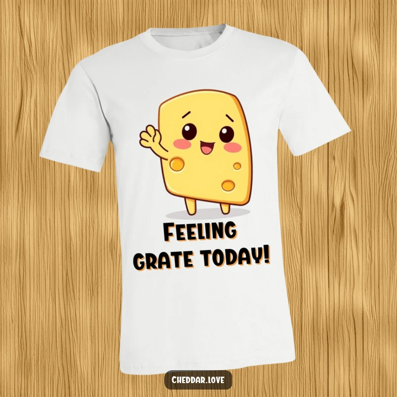 Funny t-shirt: A happy wedge of cheese waves with great enthusiasm, a comical food character.