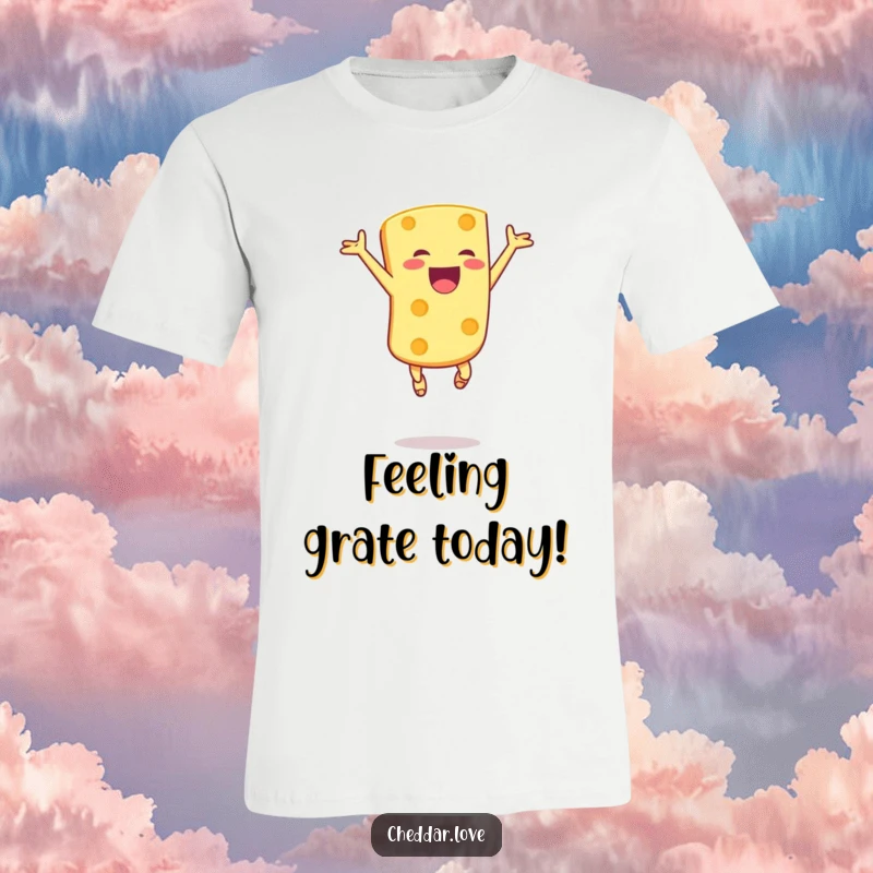 Funny t-shirt showing an ecstatic cheese chunk leaping joyfully in the air, embodying pure excitement and a love for all things cheese.