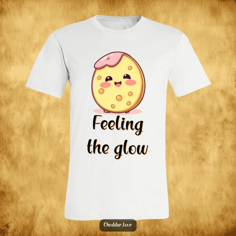 Funny T-shirt featuring a cheese wheel blushing happily, conveying a sense of pure joy and sweet contentment.