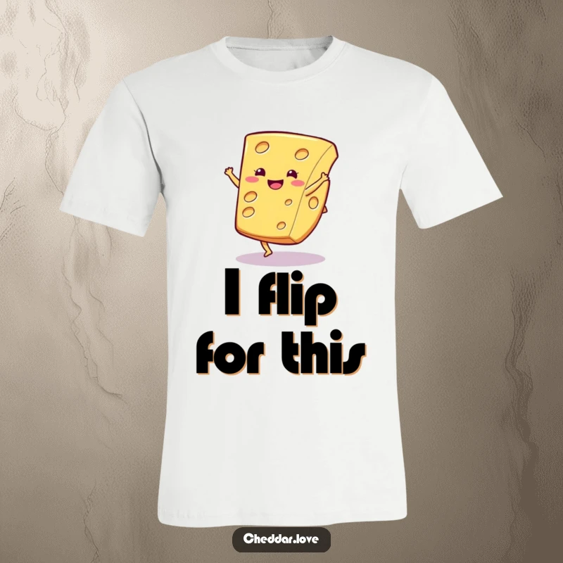 Funny cheese t-shirt, a smiling cheese slice captured mid-cartwheel, showcasing energy and playful movement.
