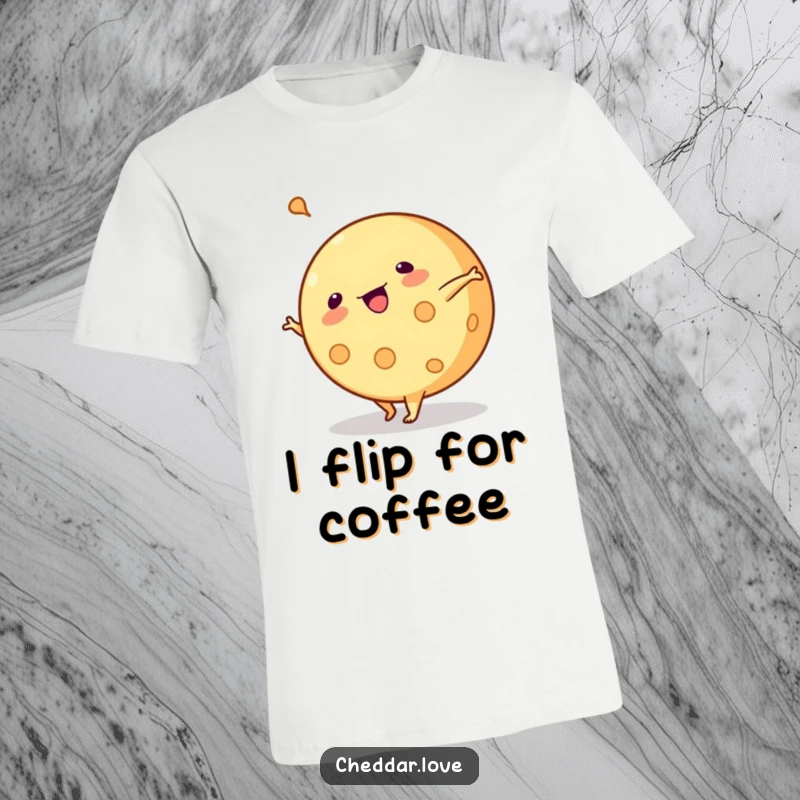 Funny t-shirt: A round of cheese executes a cartwheel with impressive balance and fun, a comical food character.