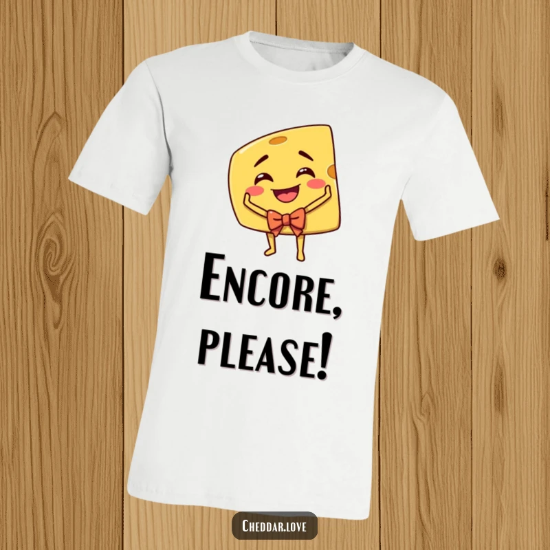 Funny Cheddar Cheese T-Shirt: A grinning cheddar cheese wedge performing an exaggerated theatrical bow, showcasing dramatic talent.