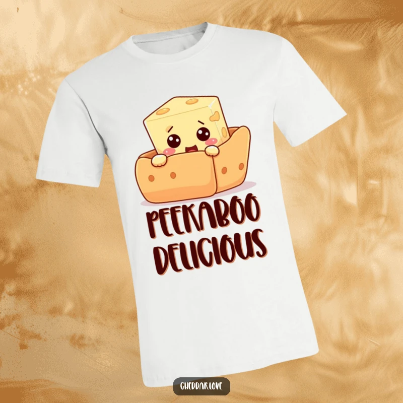 Funny t-shirt showing a surprised cheese cube peeking from behind a giant cracker, expressing comical curiosity and a love for snacks.