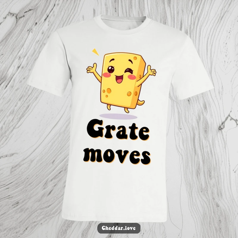 Funny cheese t-shirt depicting a grinning piece of cheddar cheese performing a triumphant dance, perfect for food lovers who enjoy quirky humor.