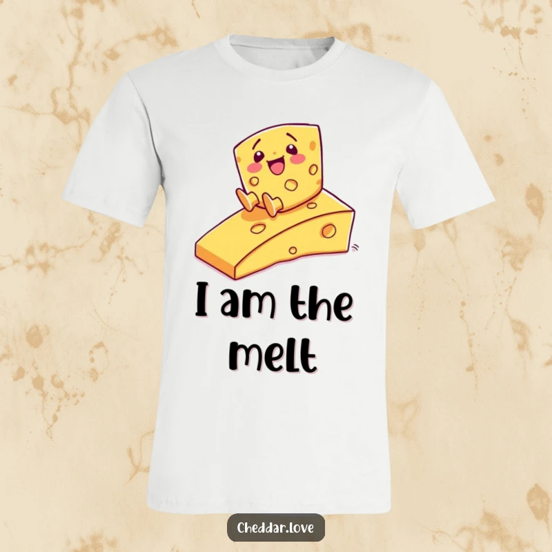 Funny T-Shirt: A cheerful cheese character sliding down a gooey, cheesy ramp with pure delight.