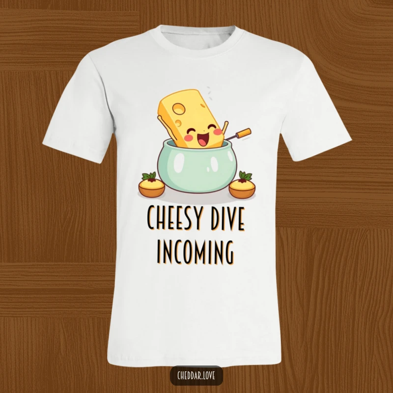 Funny T-shirt depicting a smiling cheese slice happily jumping into a pot of warm, bubbling fondue.