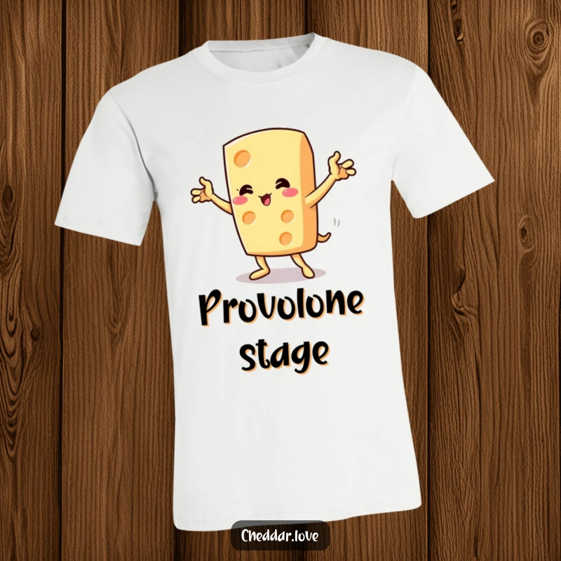 Funny cheese wedge striking a dramatic pose with a flourish, printed on a comfortable t-shirt.