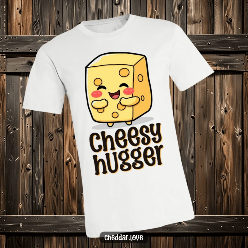 Funny happy cheese slice character giving a big, cheesy hug, a charming and humorous t-shirt.