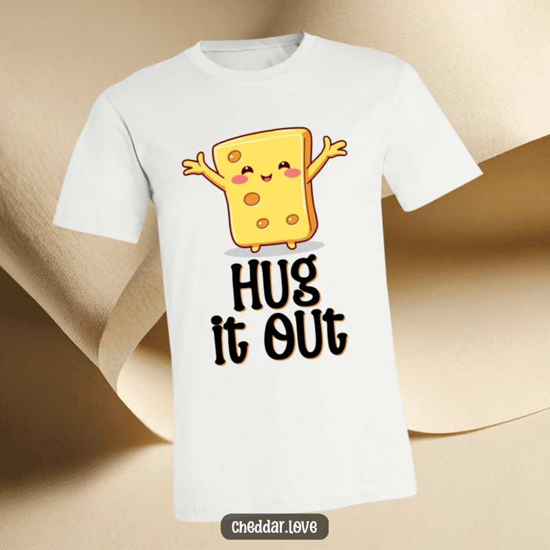 Funny cheese hug t-shirt, a slice of cheese with outstretched arms, ready for a hug, offering warmth and cheesy delight.