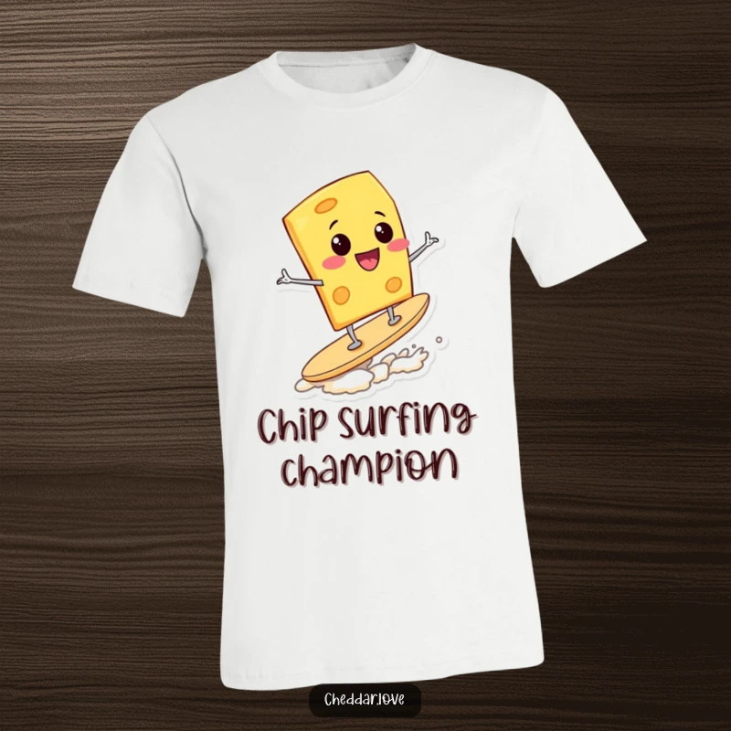 Funny T-Shirt: A grinning cheese wedge expertly surfs a single potato chip, embodying fun and snack-related excitement.