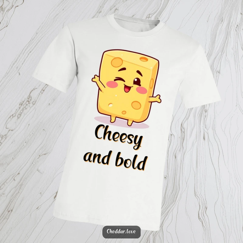 Funny t-shirt featuring a block of cheese giving a cheerful wink and striking a comically silly pose, perfect for pranksters.