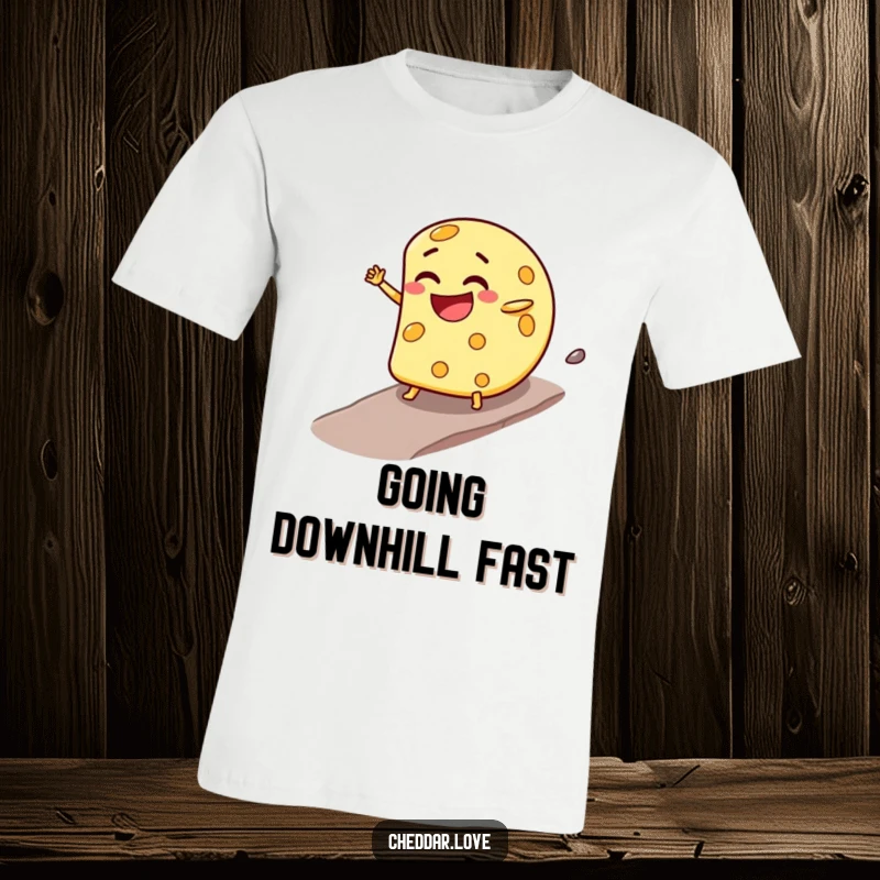 Funny T-Shirt: A cheese wheel with a sly, mischievous grin speeds downhill, capturing a moment of joyous abandon.