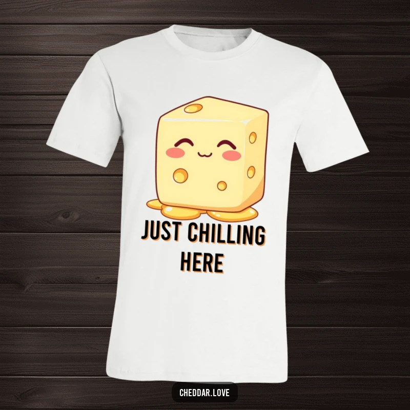 Funny block of cheese with eyes closed, happily melting, on a humorous t-shirt, a great funny gift.