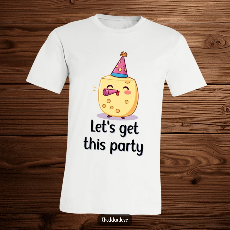 Funny t-shirt showing a cheese wheel in party gear, blowing a noisemaker with delight. A fantastic funny gift.