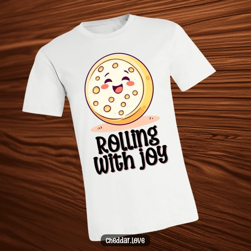 Funny happy cheese wheel depicted rolling downhill with pure delight and glee, great for food lovers.